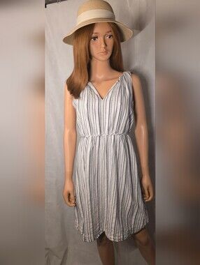 LOFT White Dress with Navy Vertical Stripes, Medium